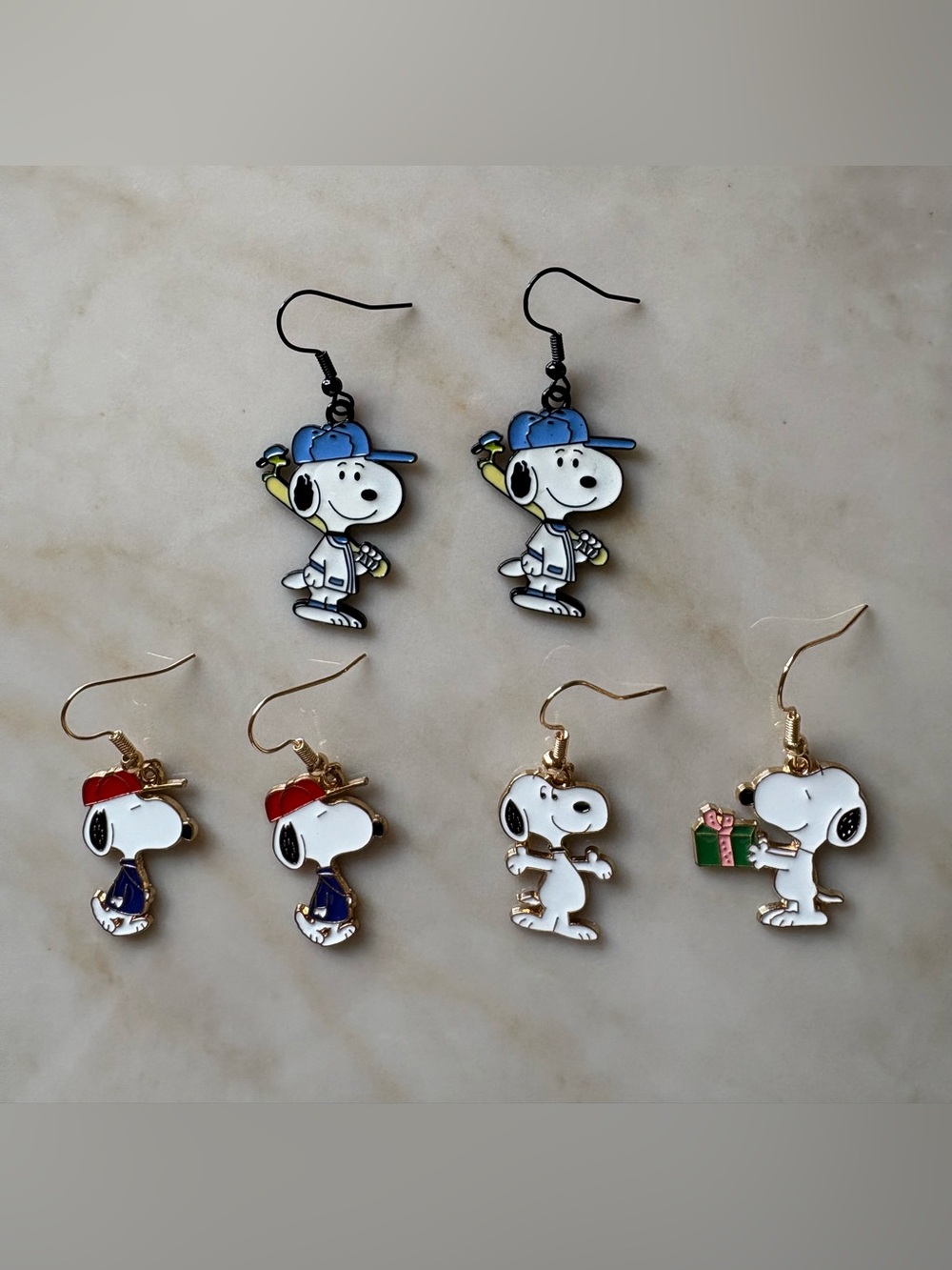 Snoopy Blue Cap Baseball Earrings - Cute Peanuts Character Accessory 3 Pairs